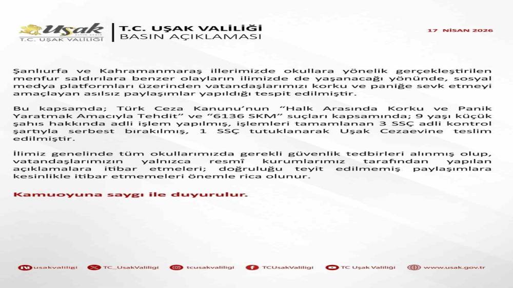 Uşak&rsquo;ta asılsız paylaşımlara y&ouml;nelik 1 ş&uuml;pheli tutuklandı
